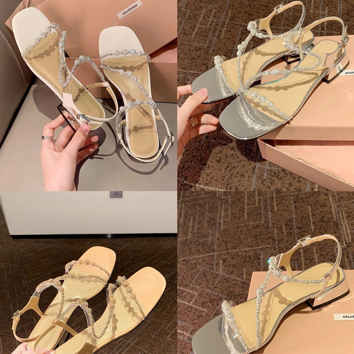 Women's Cute Gold Square Toe Transparent Rhinestone Sandals