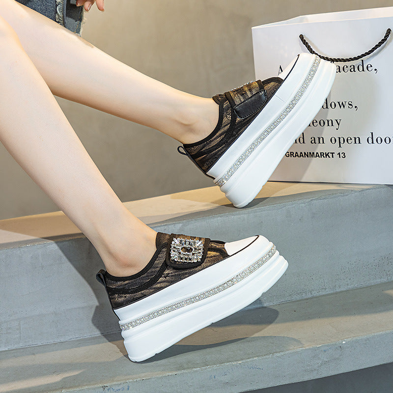 Women's Velcro Small White Autumn Thick Bottom Increased Rhinestone Board Women's Casual Shoes