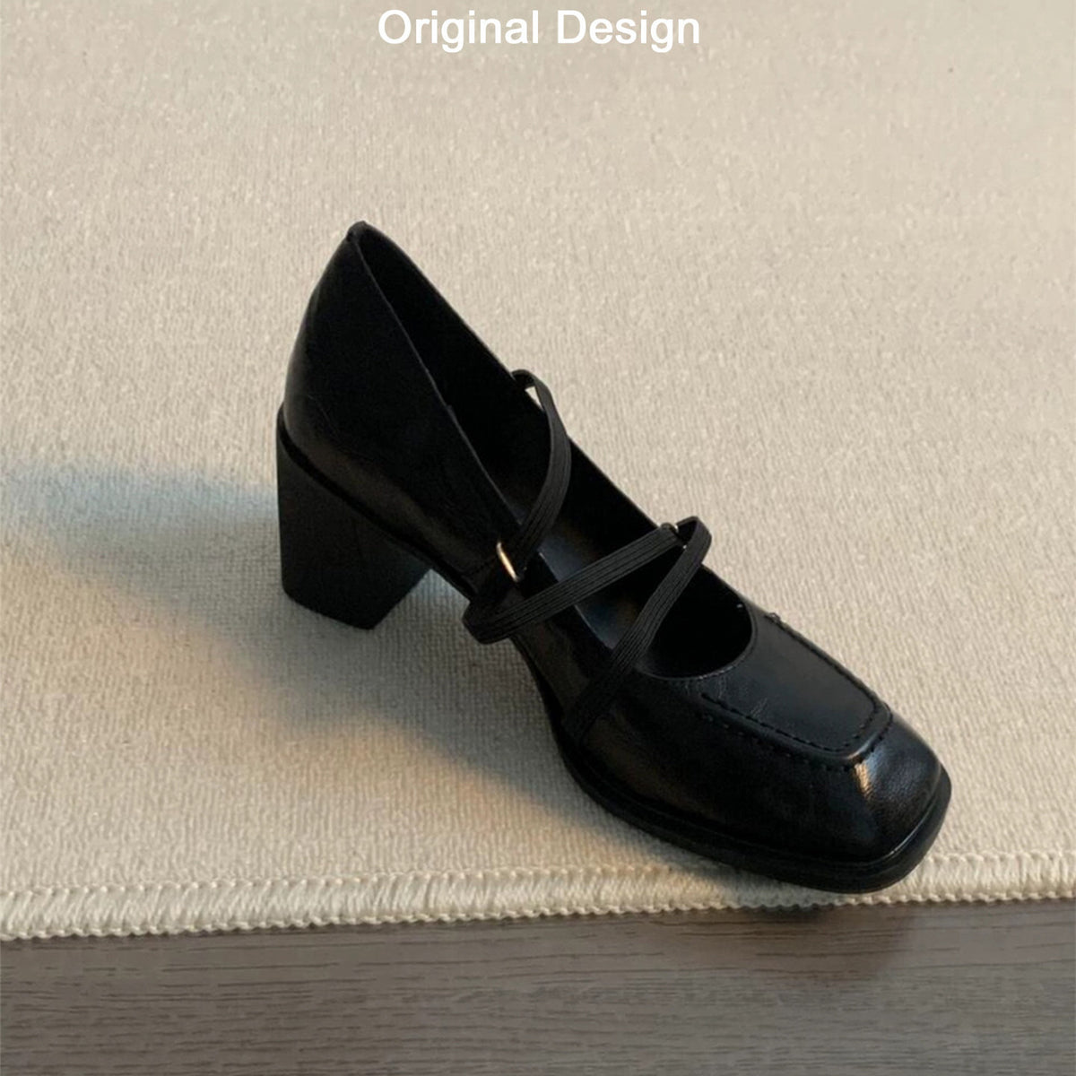 Women's Cowhide Version Retro Commuter Genuine Black Chunky Mary Jane Beautiful Heels