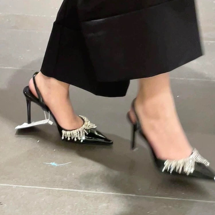 Women's Rhinestone Tassel High Patent Sexy Pointed Heels