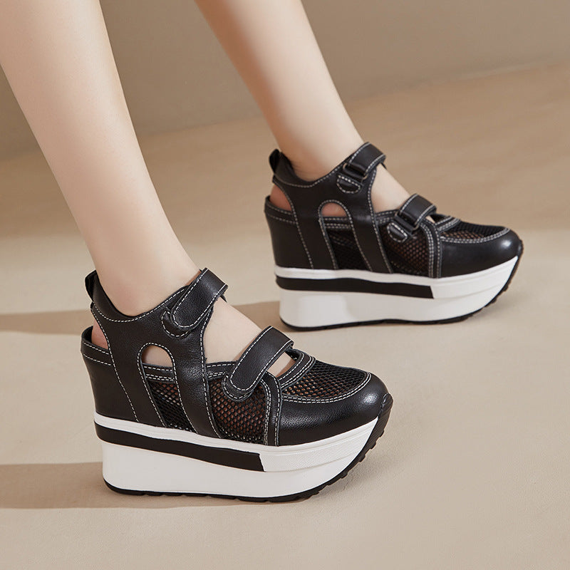 Platform Top Layer Cowhide Mesh White Sandals