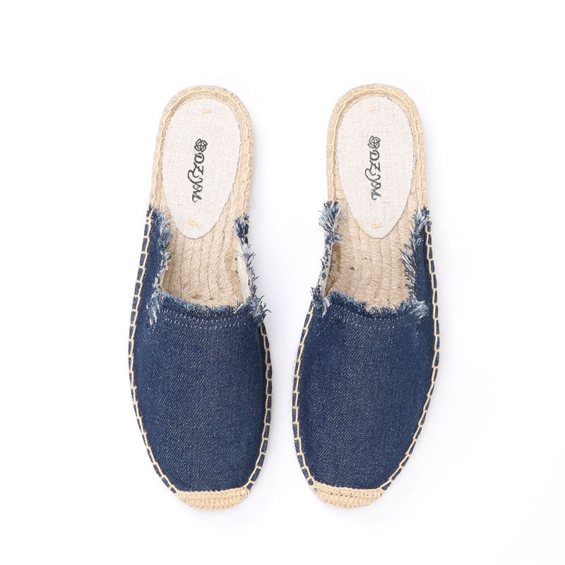 Women's Breathable Leisure Pajamas Handmade Straw Woven Flat Canvas Shoes
