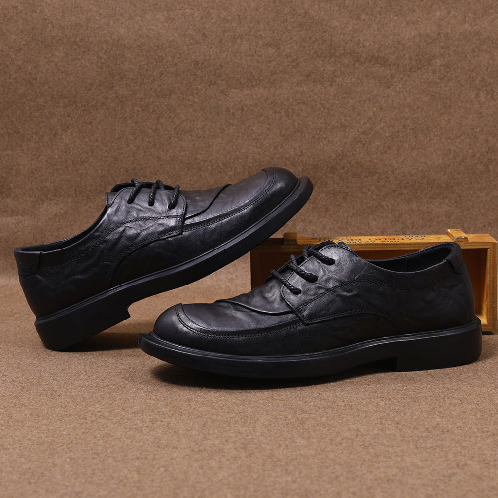 Men's Lace Up Round Toe Soft Bottom Wear Resistance British Men's Casual Leather Shoes