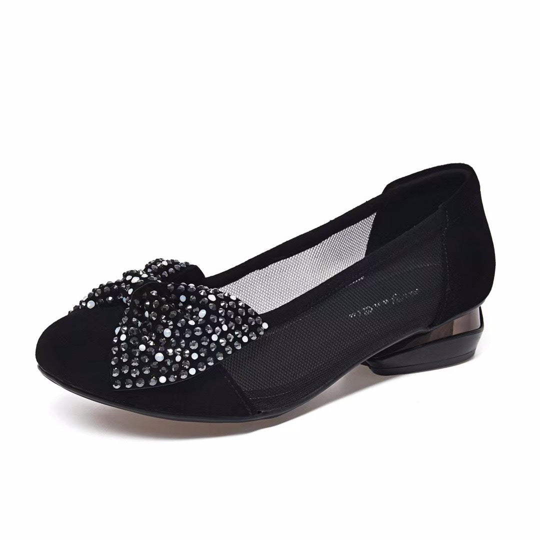 Women's Pumps Round Head Low-cut Bowknot Rhinestone Women's Shoes
