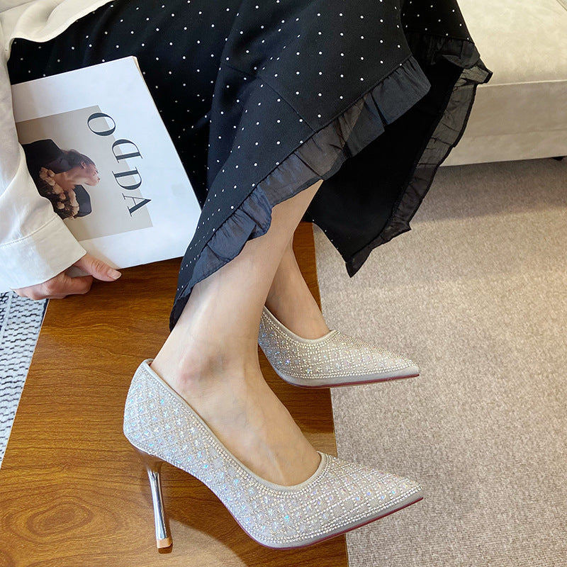 Spring Pointed Crystal Pearl Full Diamond Low-cut Heels