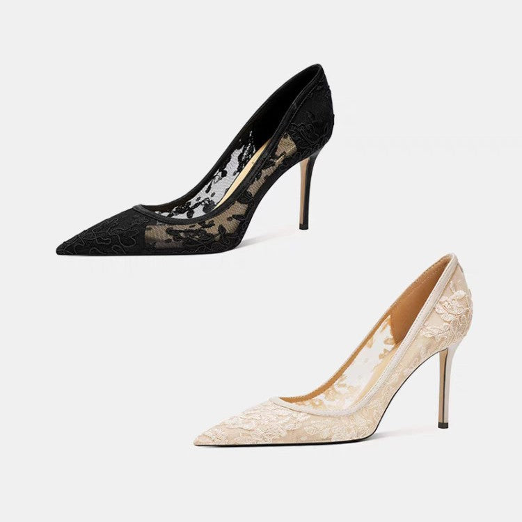 Women's Breathable Hollow Out Pumps Fairy Pointed Toe Nude Color Thin Women's Fashion Shoes