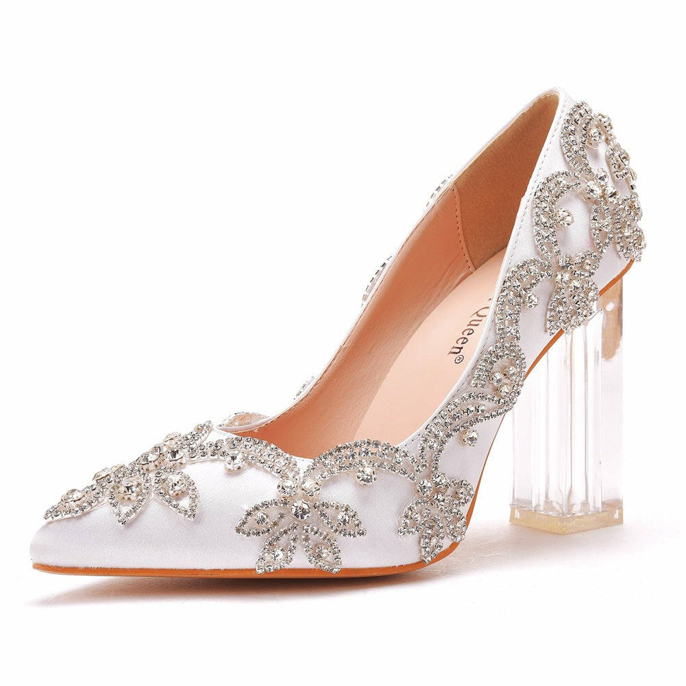 Square Pointed Toe Pumps Prom Bride Satin Cloth Rhinestone Women's Shoes