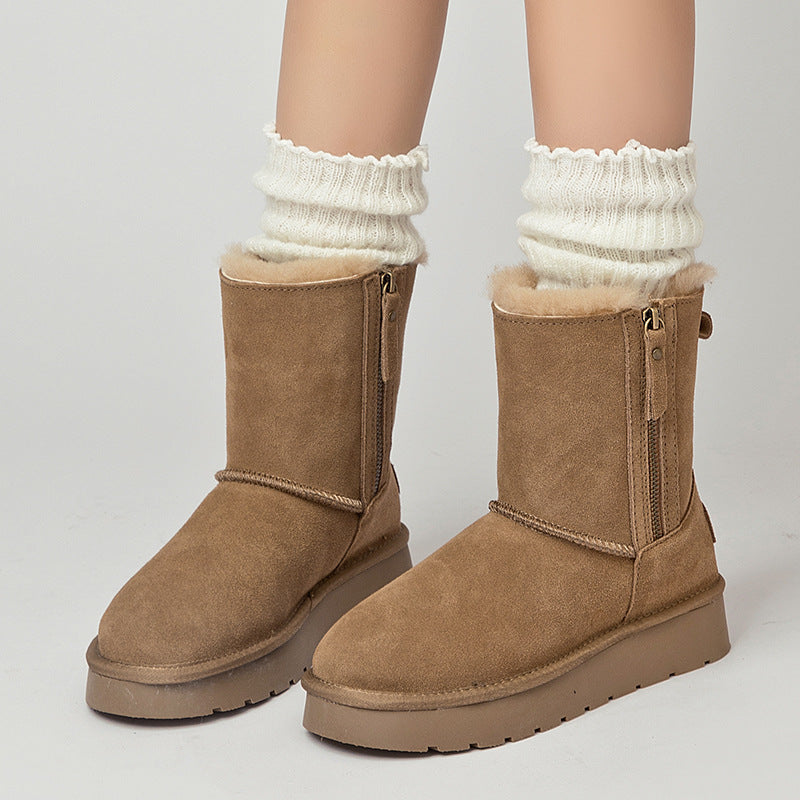 Women's Integrated Zipper For Winter Fleece-lined Thickened Northeast China Snow Boots