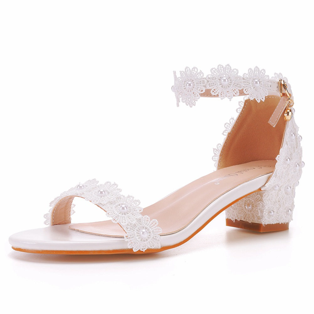 Low-cut Square White Lace Bridal Wedding Sandals