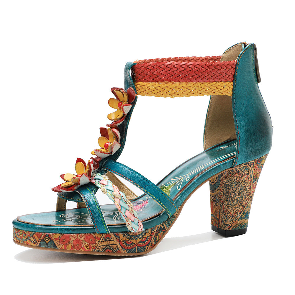 Summer Hand-rub Color Knitted Belt Patchwork Heels