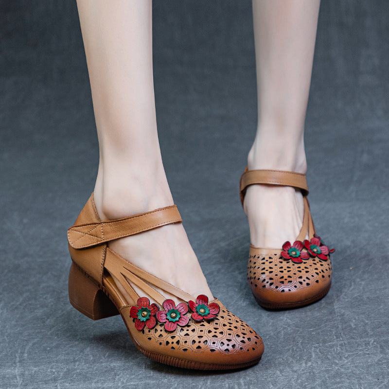 Women's Toe Mid Flower Hollowed Color Matching First Layer Heels