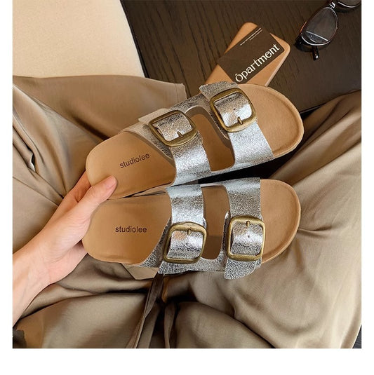 Women's Double Buckle With Outer Wear Thick Bottom Increased Beach Slippers