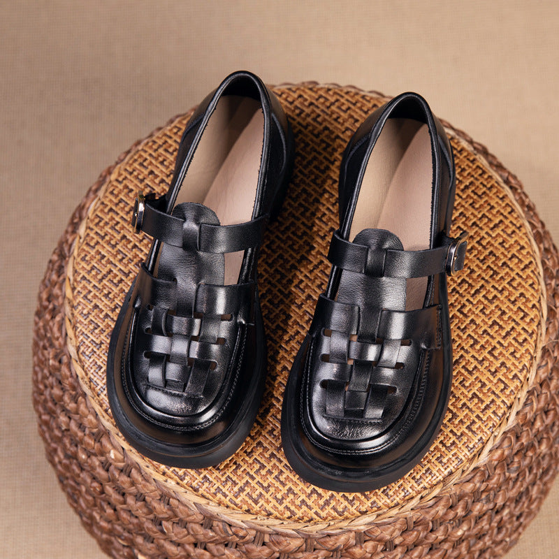 Women's Layer Cowhide Summer British Style Retro Beige Sandals