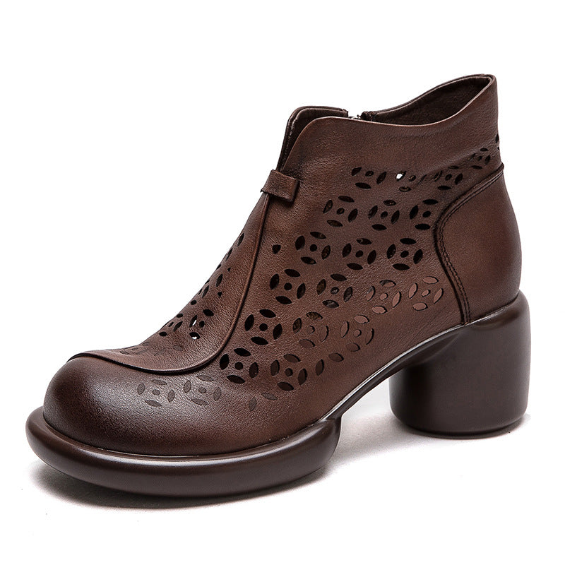 Round Head First Layer Cowhide Retro Heels