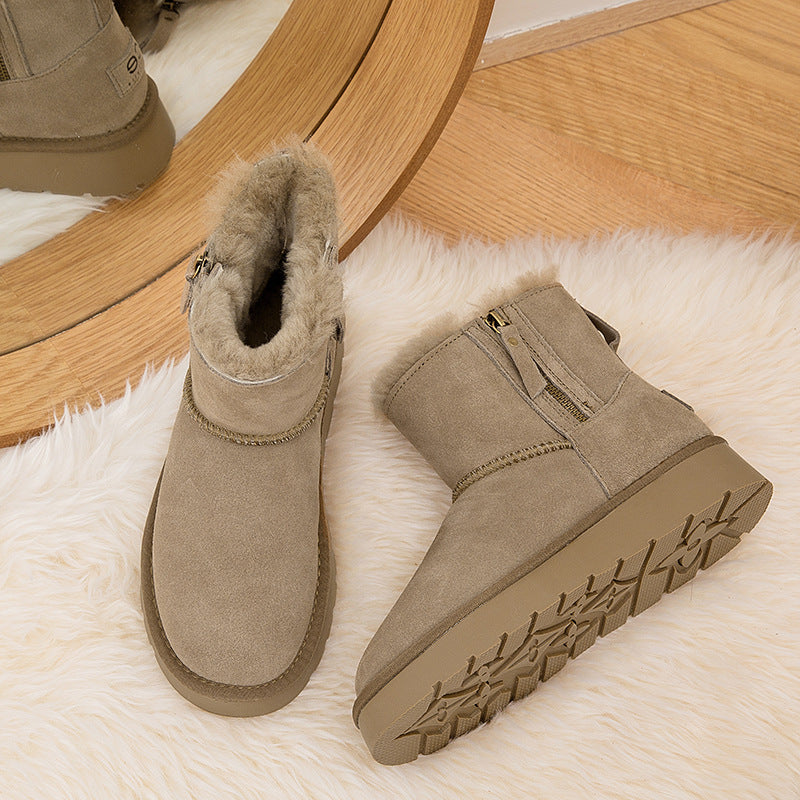 Women's Fur Integrated Zipper For Winter Fleece-lined Snow Boots
