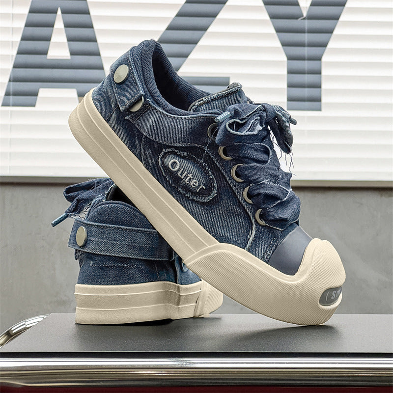 Men's Smiling Platform Denim Big Head Green Canvas Shoes