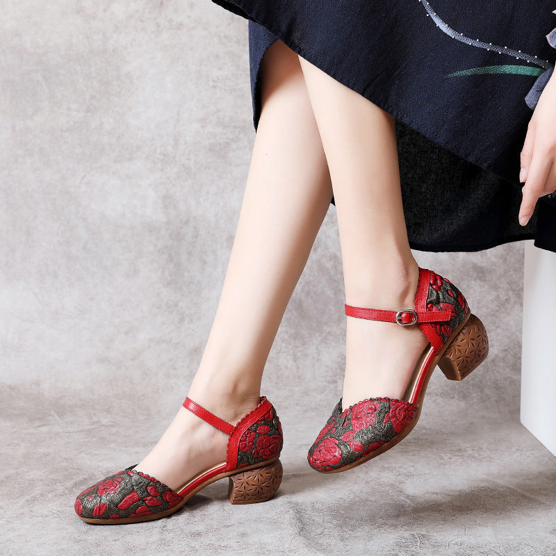 Women's First Layer Cowhide Thick Mid Multicolor Heels