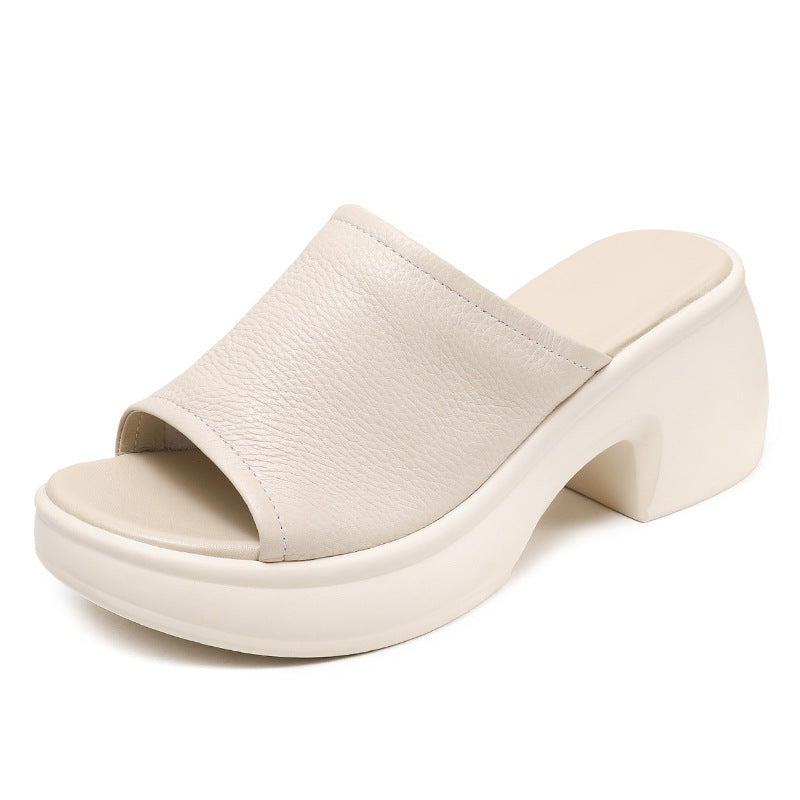 Summer First Layer Cowhide Soft Bottom Medium Thick Heels