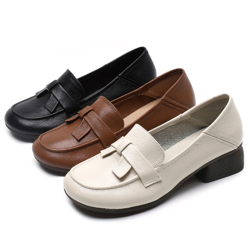 Women's Top Layer Cowhide Retro Style Large Size Thick Round Loafers