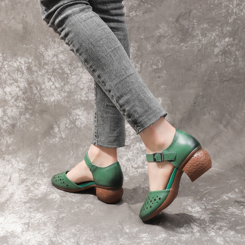 Women's Summer Thick Mid Top Layer Soft Cowhide Hollow Heels