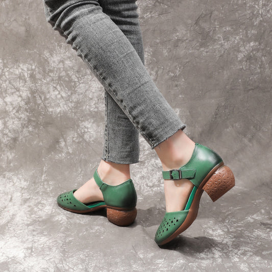 Women's Summer Thick Mid Top Layer Soft Cowhide Hollow Heels