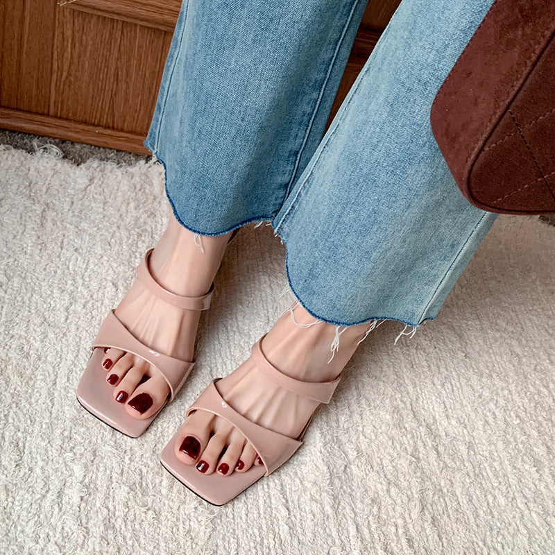 Women's Thick High Square Toe Open Patent Heels