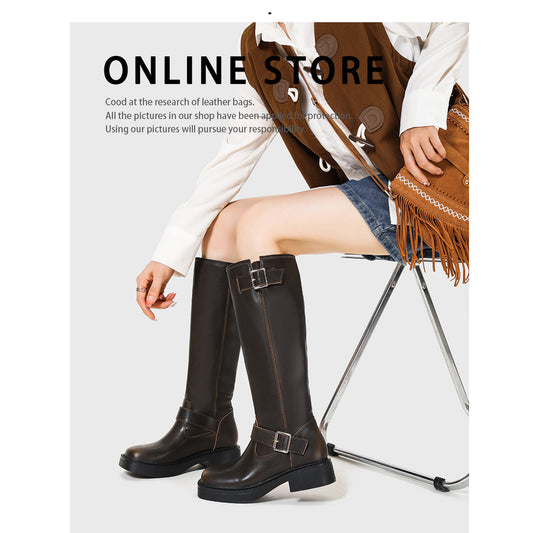 Sleeve Female Round Toe Brushed Below The Knee Boots