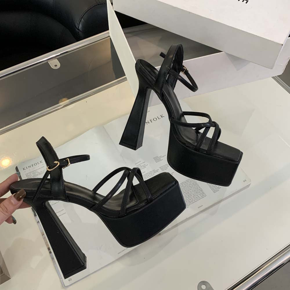 Platform Nightclub Sexy Square Head Buckle Heels