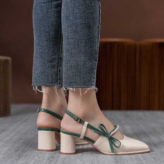 Style Chunky Spring Pearl Mid Back Empty Bow Heels
