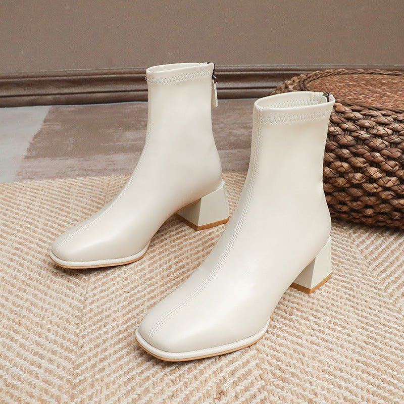 Women's Genuine White Ankle Chunky High Skinny Heels