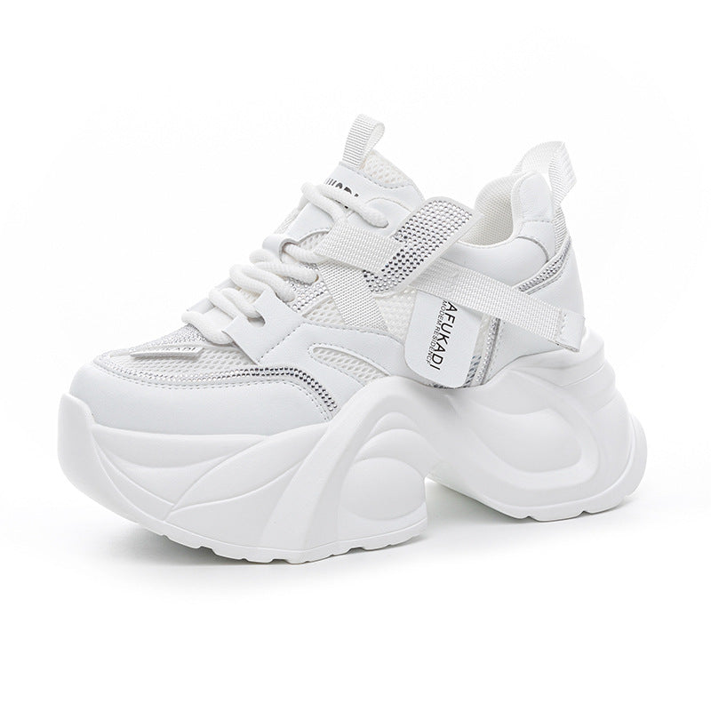 Women's Rhinestone Mesh Surface Versatile Height Increasing Leisure White Casual Shoes