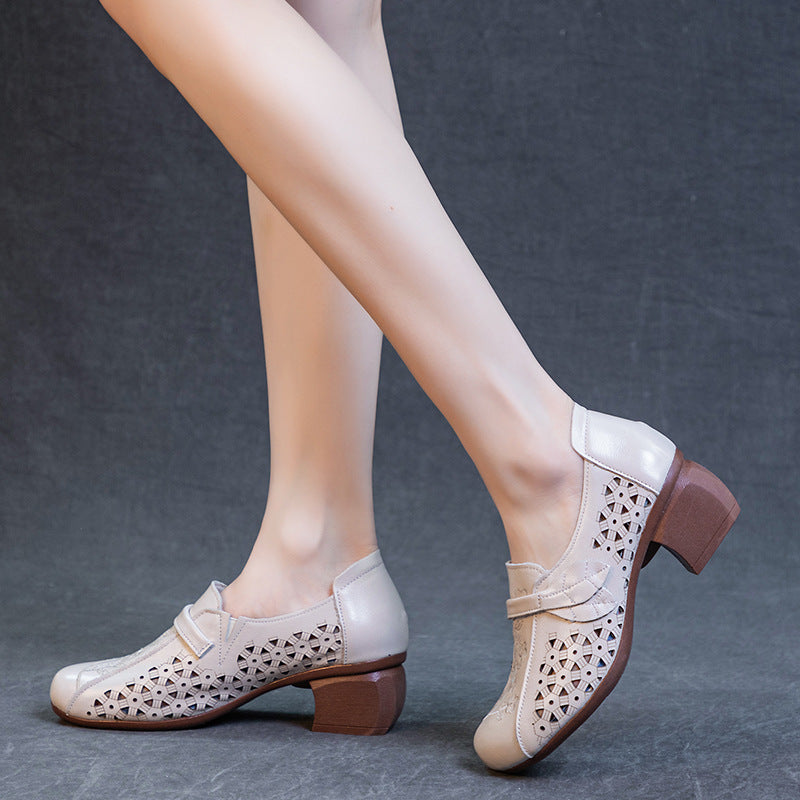 Women's Bottom Slip On Punching Pumps First Layer Cowhide Heels