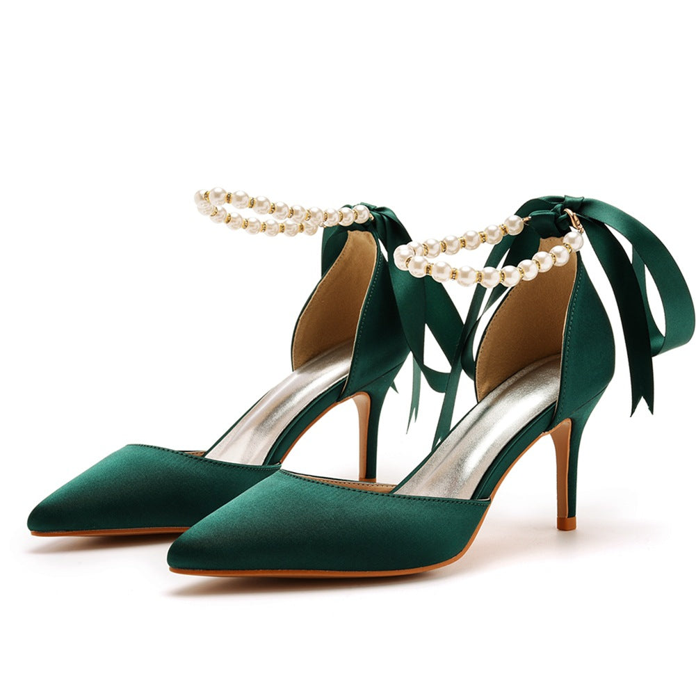 Women's & Men's Plus Size Banquet Ribbon Beaded High Satin Heels