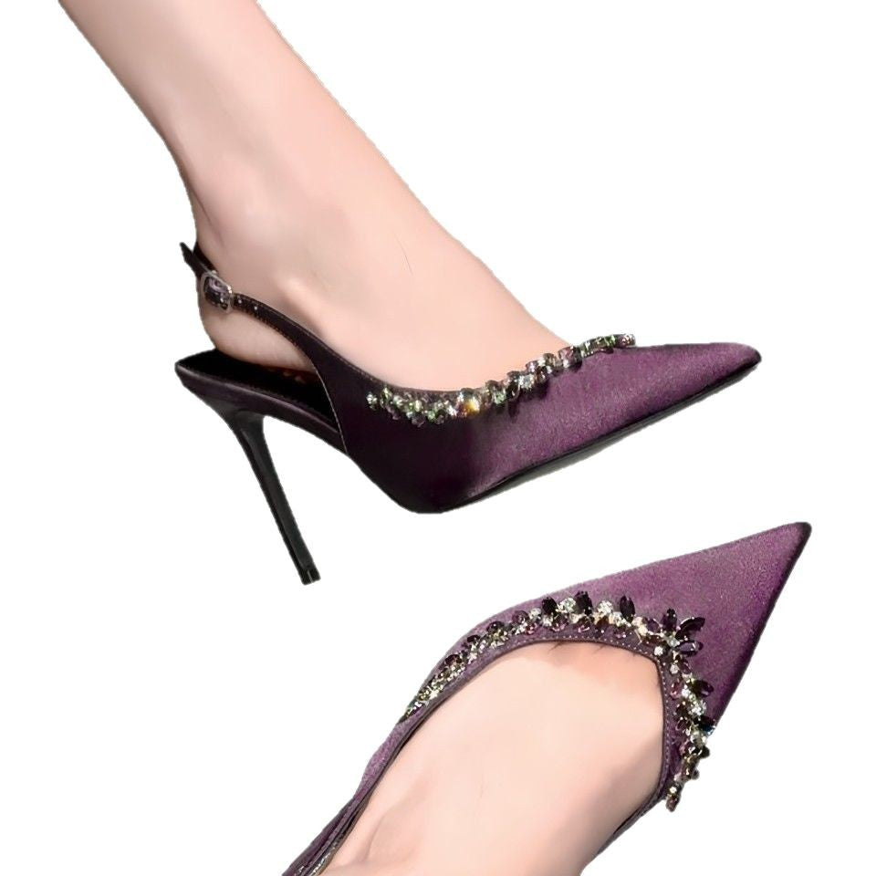 Women's Rhinestone Purple Satin Buckle Sexy Pointed Heels