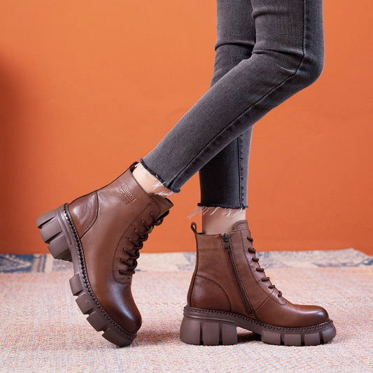 Women's Cowhide Autumn Wedge Short Retro Round Toe Boots