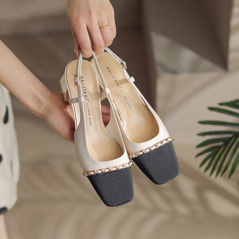 Women's Temperament Chain Color Matching Mid Summer Closed Toe Chunky Heels