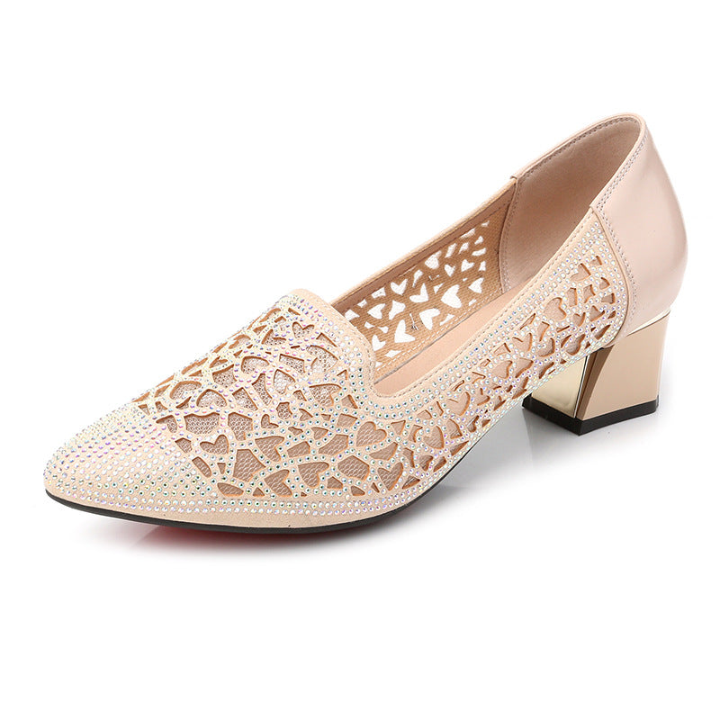 Women's Mesh Rhinestone Closed Toe Mid Mom Heels