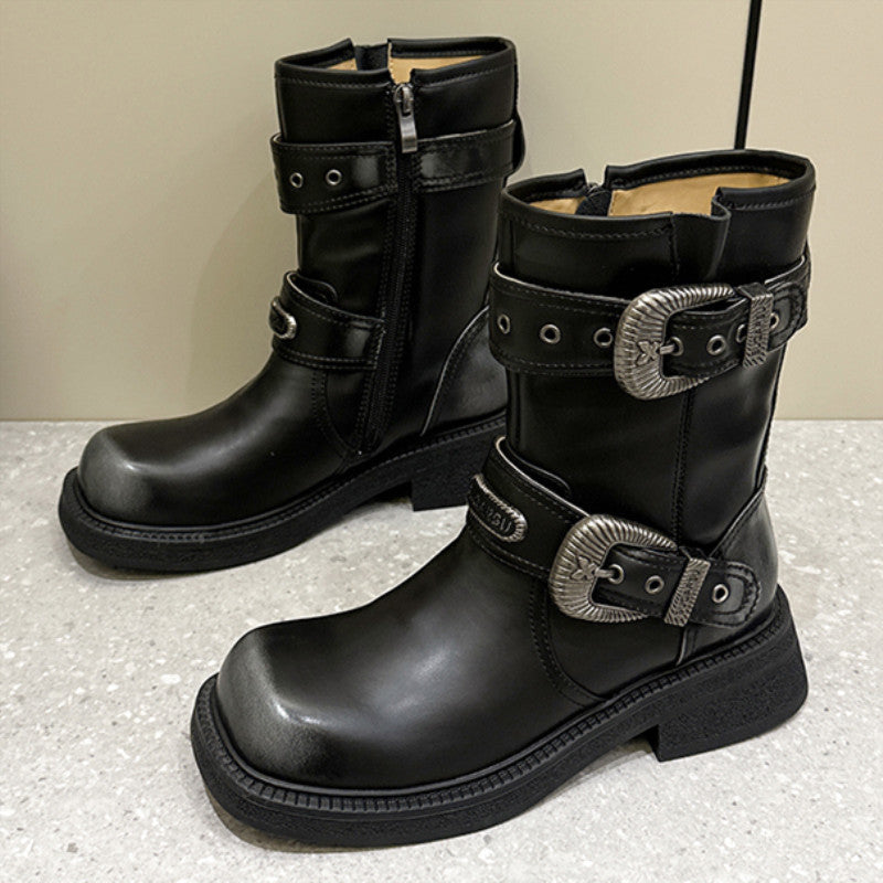 Women's Thick Bottom Chunky Belt Buckle Brushed Boots