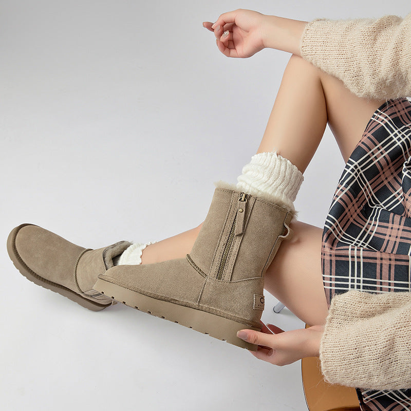 Women's Integrated Zipper For Winter Fleece-lined Thickened Northeast China Snow Boots