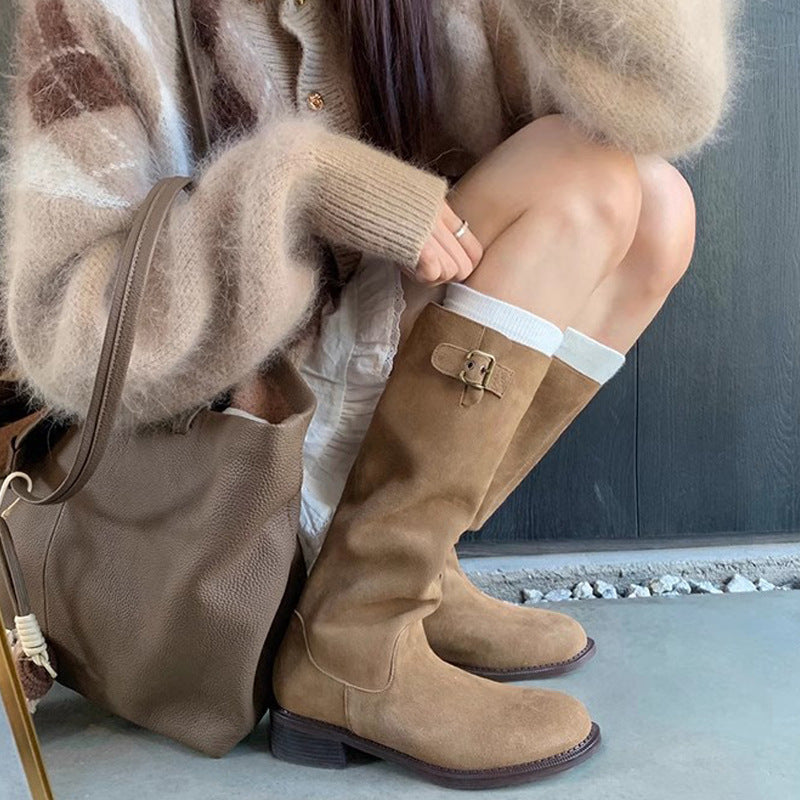 Head Buckled Chunky Below The Knee Boots