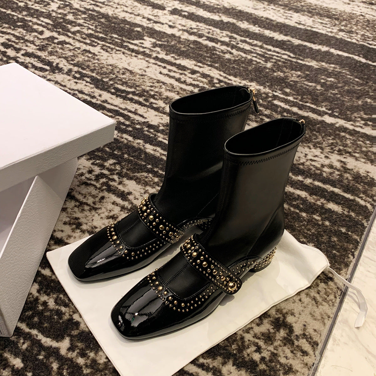 Women's Mom Temperament Square Toe Rivet Strap Boots