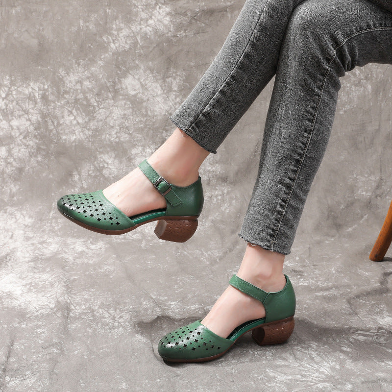 Women's Summer Thick Mid Top Layer Soft Cowhide Hollow Heels