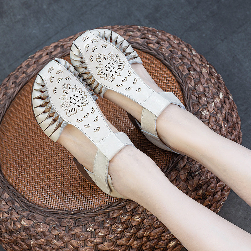 Women's Thick Soft Bottom Top Layer Cowhide Hollow Retro Heels