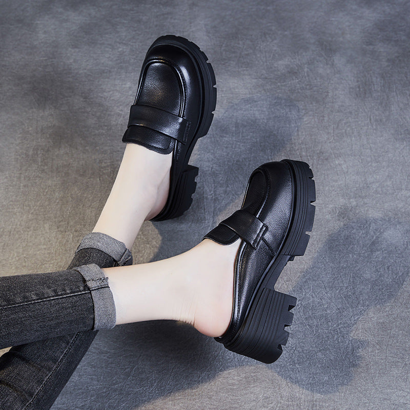 Women's Layer Cowhide Platform Mules One Pedal Small Toe Box Slippers