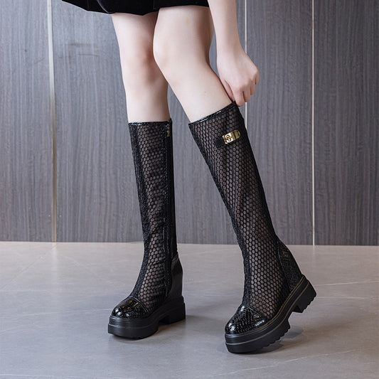 Women's Round Toe Side Zipper Mesh Black Sandals