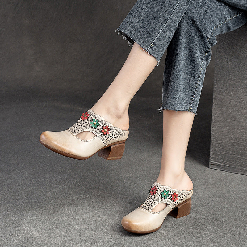 Women's Style Little Flower High Round Toe Heels