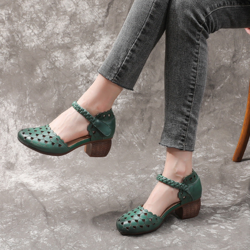 Women's Hollowed Heart Punch-hole Thick Mid Soft Heels