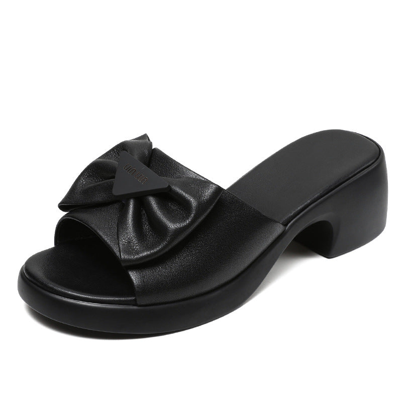 Women's Layer Cowhide Bowknot For Summer Outer Heels
