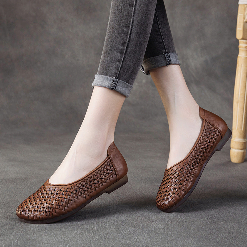Women's First Layer Cowhide Mother Summer Hollow Hole Genuine Flat Sandals
