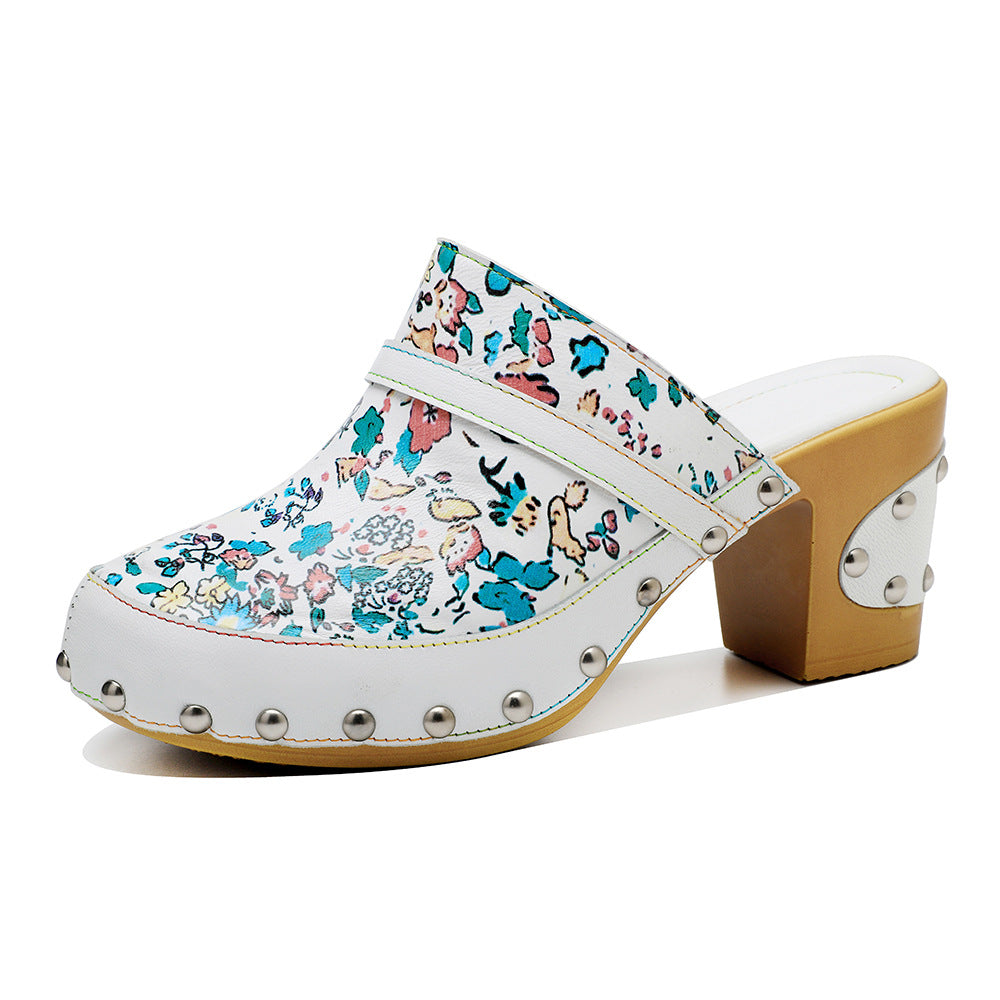 Genuine Printed Fresh Floral Pastoral Style Heels
